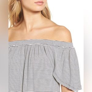 DELACY Marley Off the Shoulder Minidress Dress Navy White Stripe